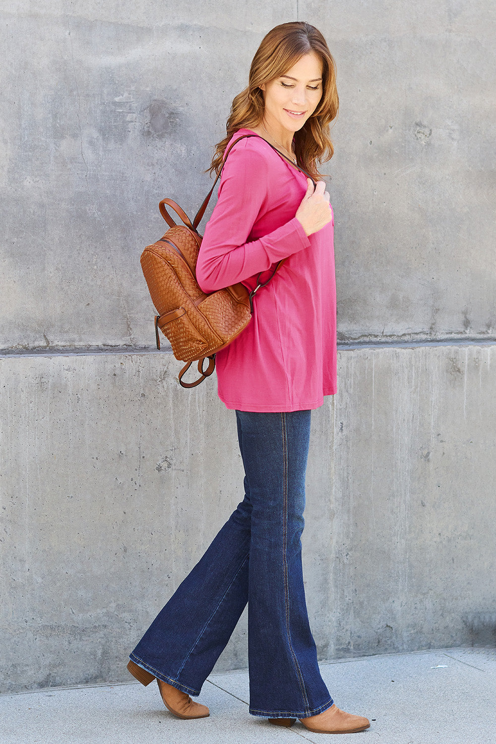 ShopBasicbae basic V-neck long sleeve top, full size, soft fabric, fitted style, shown in a neutral color.
