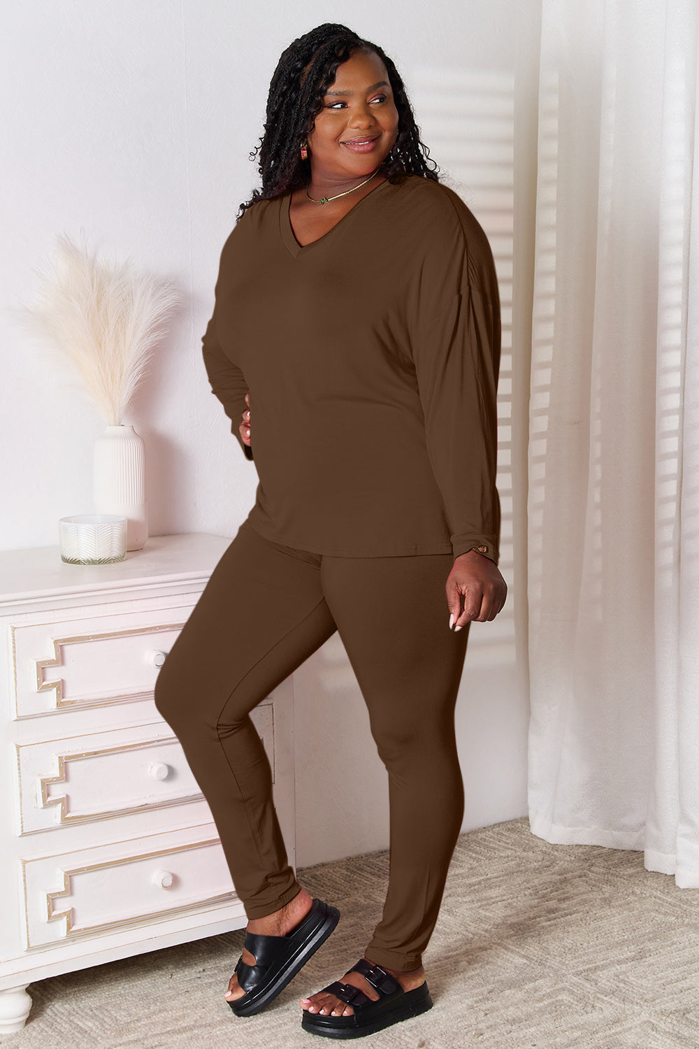 ShopBasicbae Basic Bae full size V-neck soft rayon lounge set with long sleeve top and matching pants, perfect for comfortable wear.