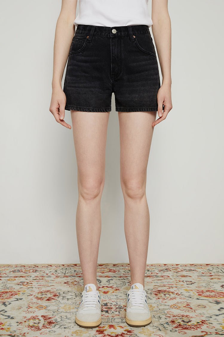 Hey Joanie Boyish Vintage High Rise Shorts in denim, showing front view with distressed details and classic high-waist fit.