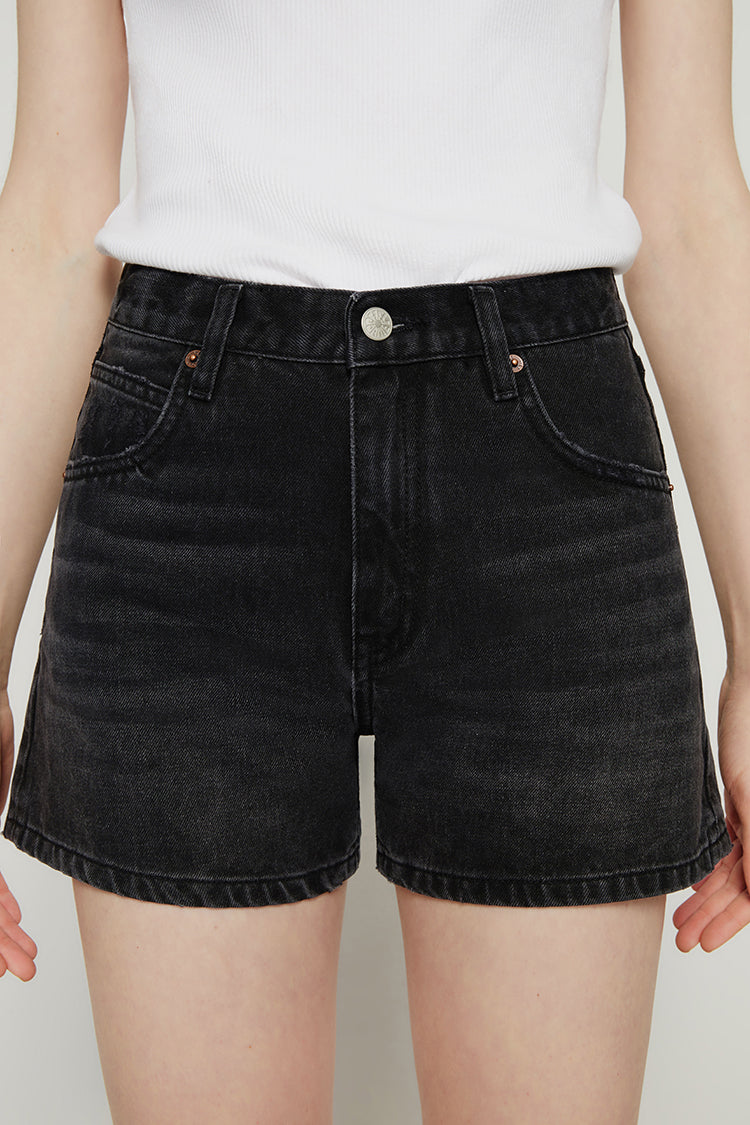 Hey Joanie Boyish Vintage High Rise Shorts in denim, featuring a high waist and classic cut, displayed on a plain background.