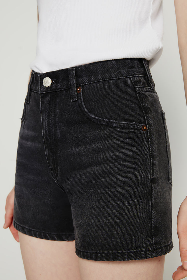 Hey Joanie Boyish Vintage High Rise Shorts in denim with a classic high waist and distressed details.