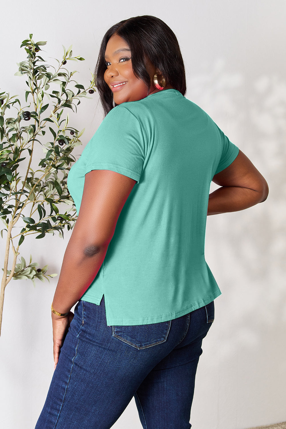 ShopBasicbae Basic Bae full-size round neck short sleeve T-shirt, casual tops, soft fabric, white color, front view.