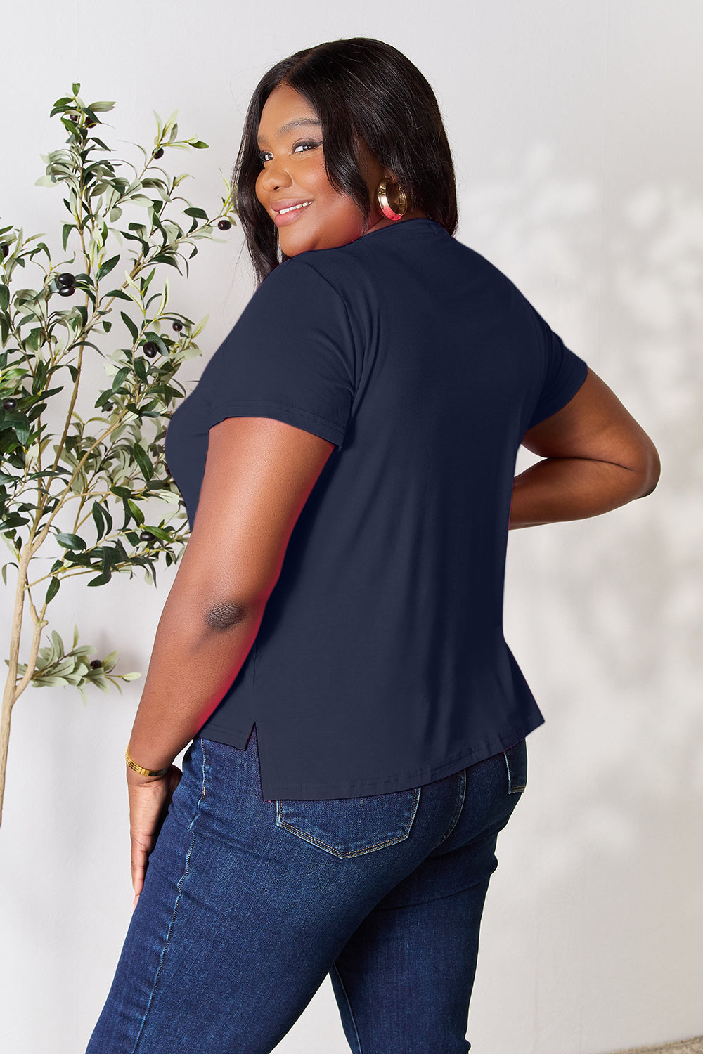 ShopBasicbae Basic Bae full-size round neck short sleeve T-shirt, casual tops in soft fabric, displayed on a white background.