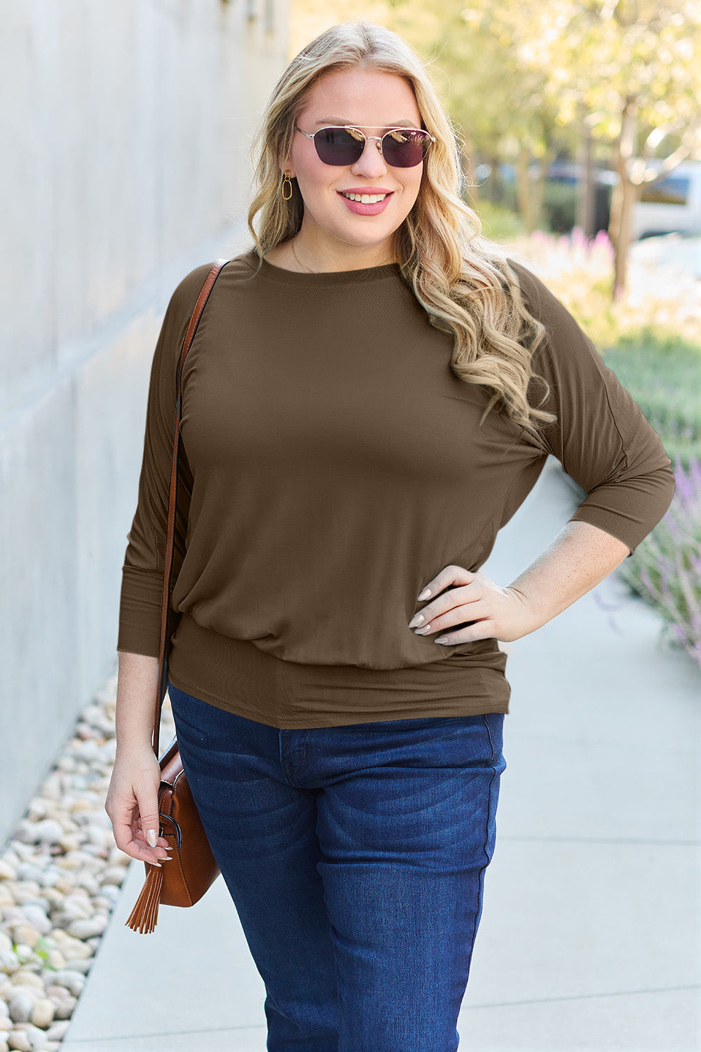 ShopBasicbae Basic Bae full-size round neck batwing sleeve top, featuring a relaxed fit and soft fabric in a stylish casual design.