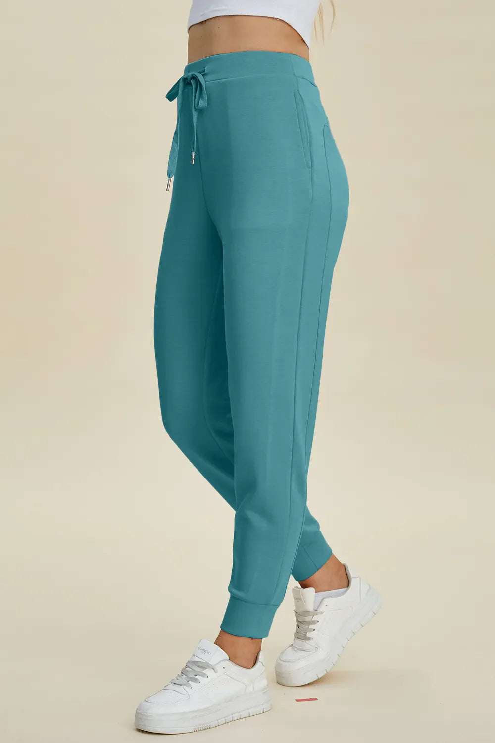 ShopBasicbae Basic Bae high waist air scuba joggers with drawstring, full size, black, stylish bottoms for comfortable casual wear.