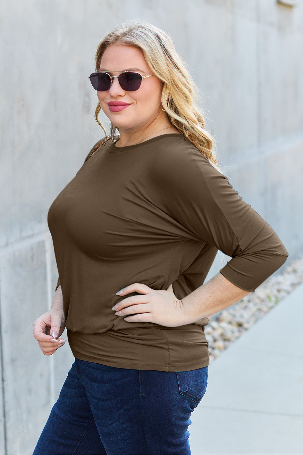 ShopBasicbae Basic Bae full-size round neck batwing sleeve top, casual women's tops with relaxed fit and soft fabric.