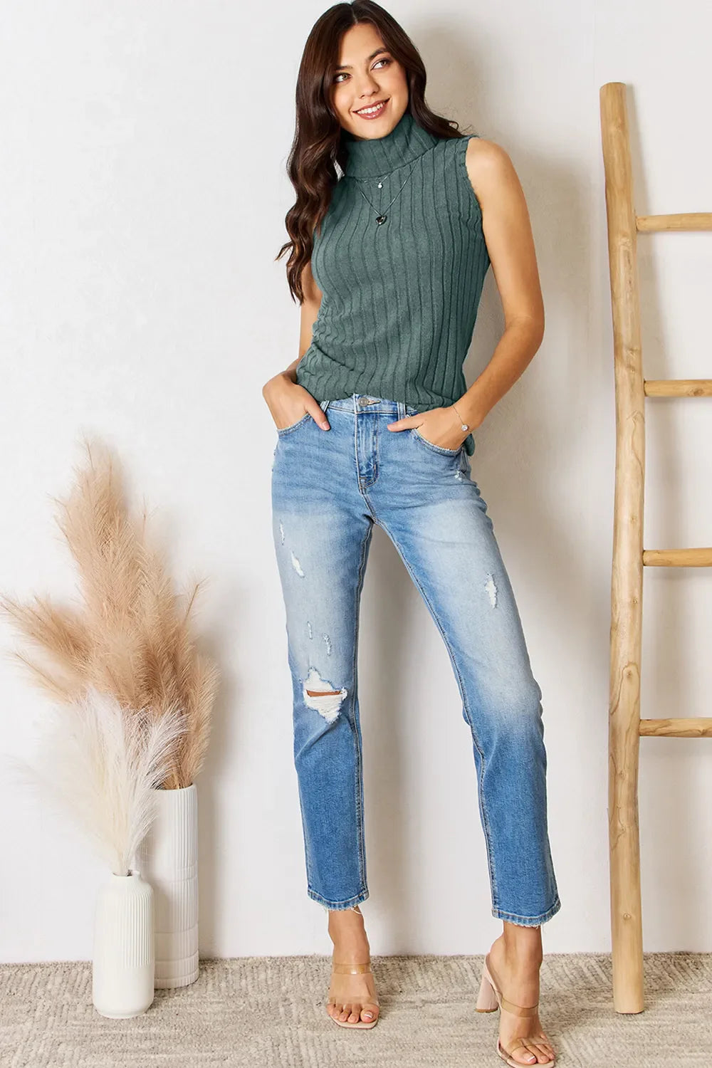 ShopBasicbae Basic Bae full-size ribbed turtleneck tank top in neutral color, showing the fitted, ribbed fabric and high neckline.