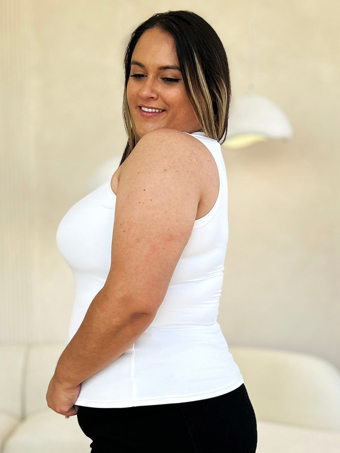 ShopBasicbae Basic Bae full size round neck slim tank top, white sleeveless blouse with fitted style for casual wear.