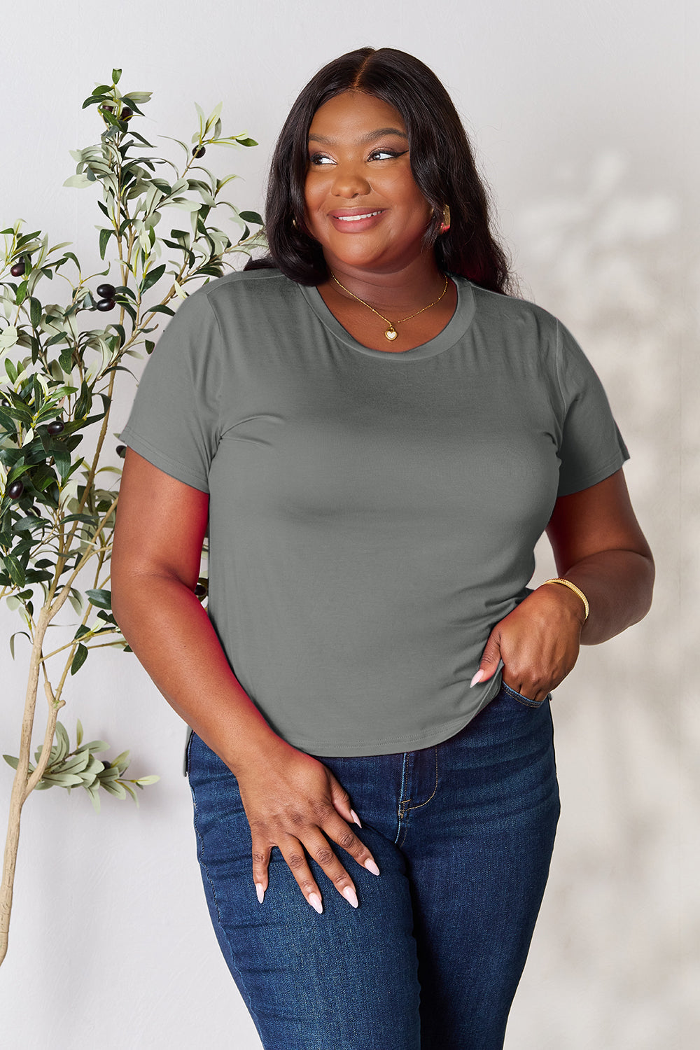 ShopBasicbae Basic Bae full size round neck short sleeve T-shirt, versatile casual top in classic design with short sleeves.