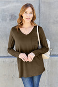 Basic Bae full size V-neck long sleeve top in soft fabric, shown in classic style with a fitted V-neck and long sleeves.