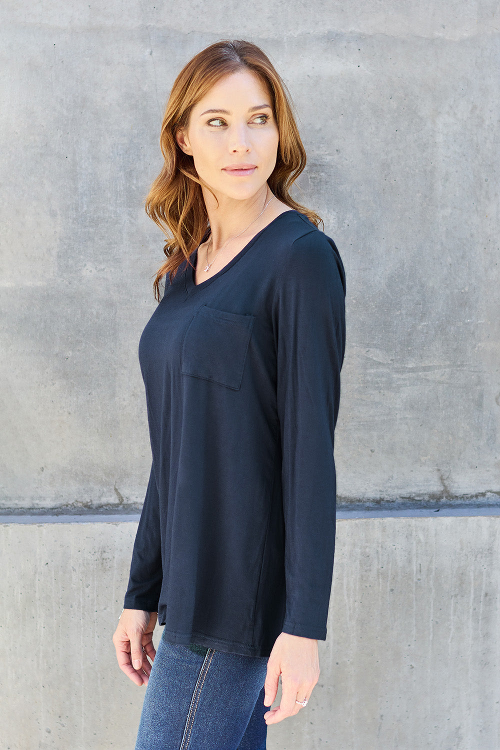 ShopBasicbae Basic Bae full size V-neck long sleeve top, black, fitted casual top with a V-neck and long sleeves.