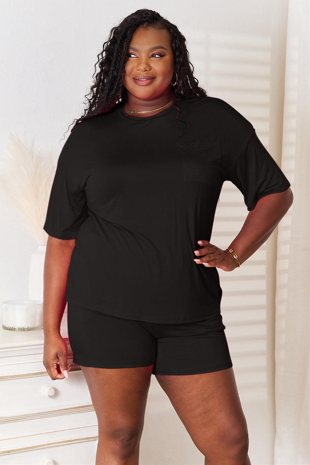 ShopBasicbae Basic Bae soft rayon half sleeve top and shorts set, comfortable and casual, with a relaxed fit in natural fabric.