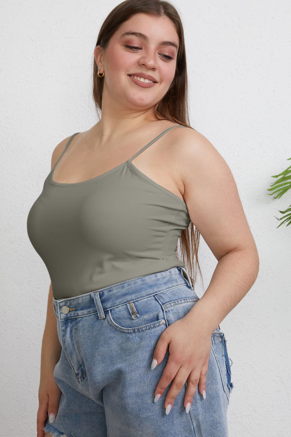 ShopBasicbae Basic Bae full-size round neck slim cami top in a neutral color, close-up of the fitted, sleeveless design.