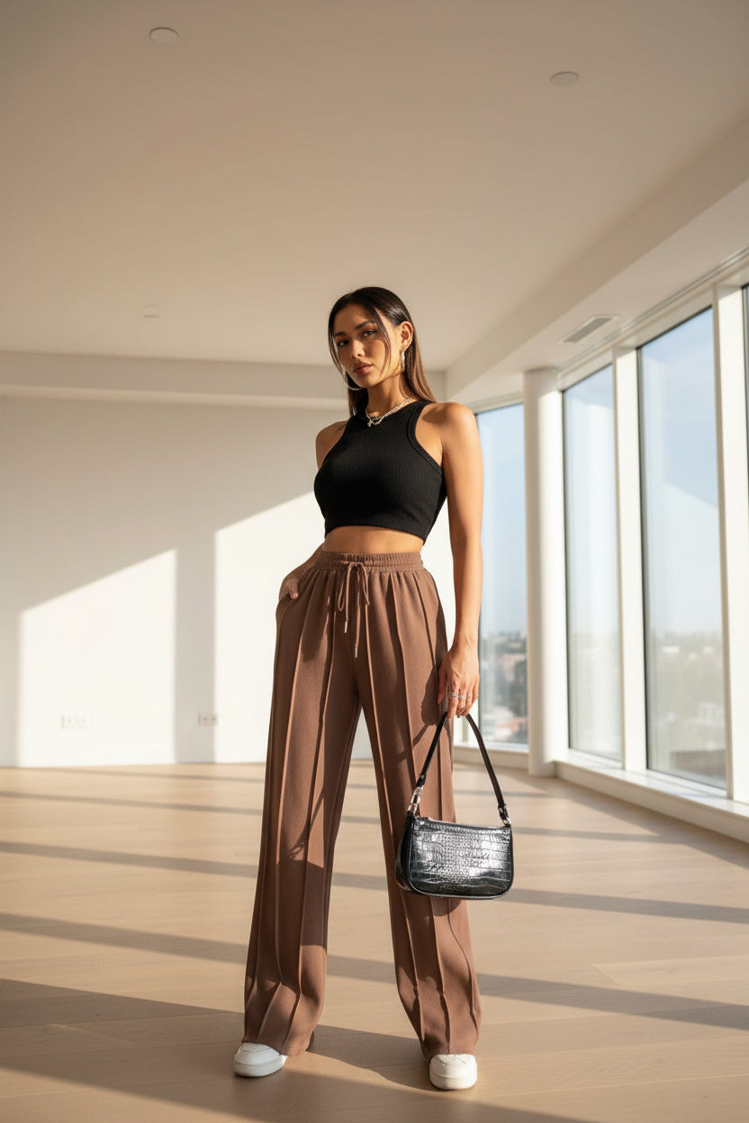 Woman in black crop top and brown wide-leg pants holding a black handbag 