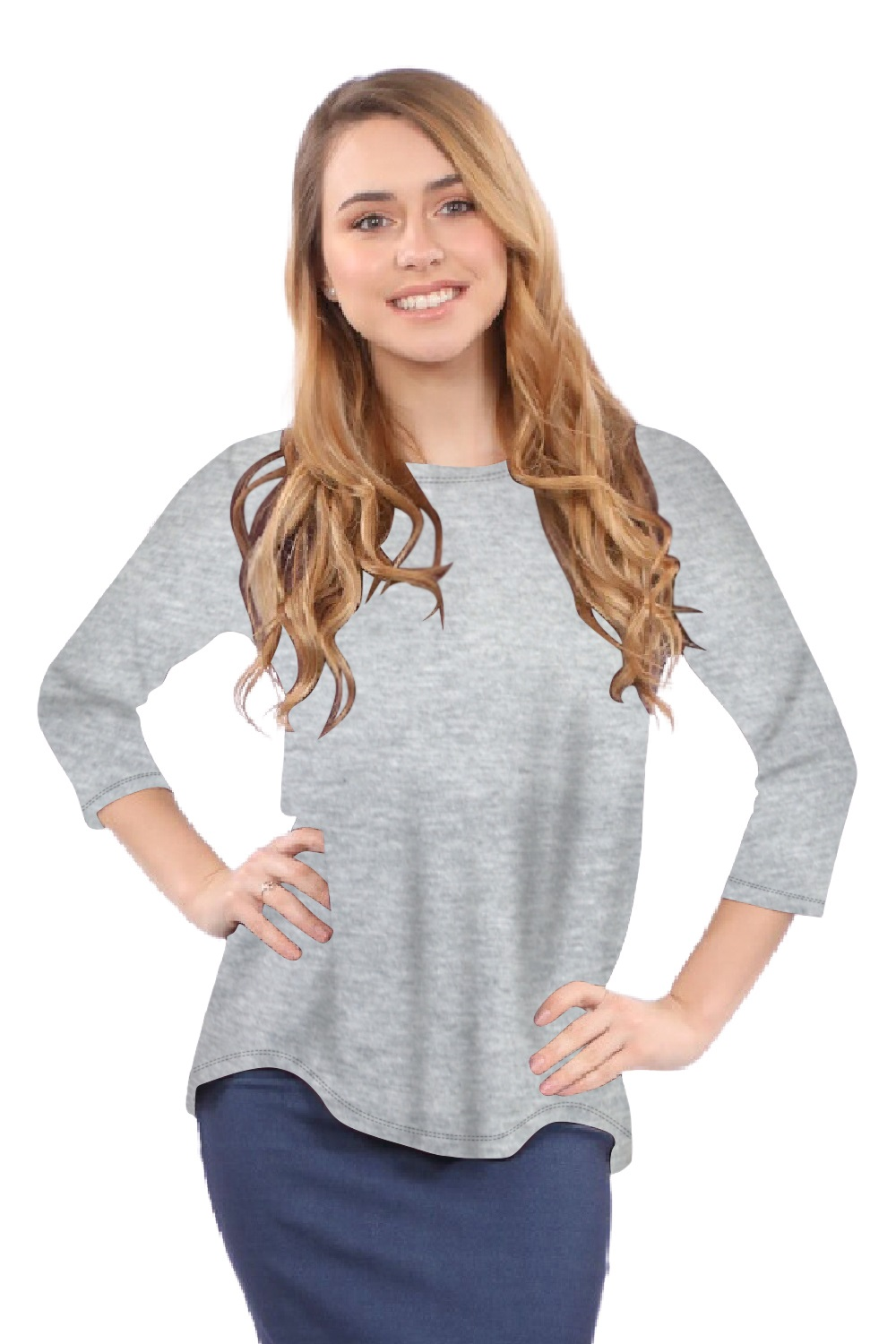 3/4 Sleeve Curved Hem Tunic Top - Breathable Viscose Spandex
