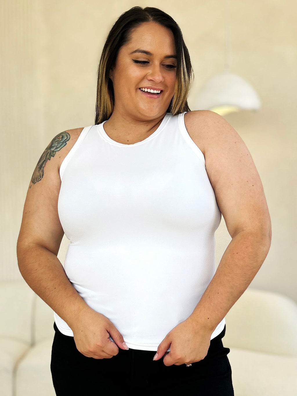 ShopBasicbae Basic Bae full-size round neck slim tank top with a fitted design and classic round neckline, shown in black.