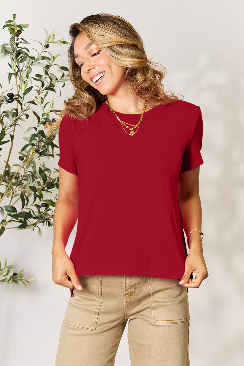 ShopBasicbae Basic Bae round neck short sleeve T-shirt, front view showing classic design and neutral color, casual tops for everyday wear.
