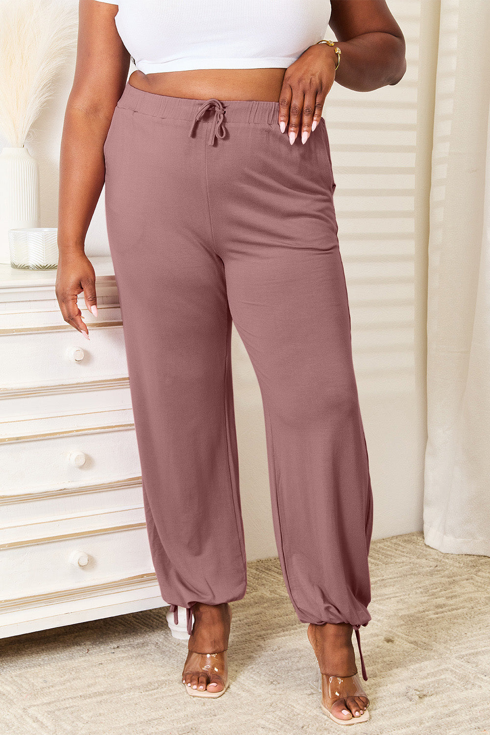 ShopBasicbae Basic Bae full size soft rayon drawstring waist pants with pockets, casual bottoms for comfortable wear.