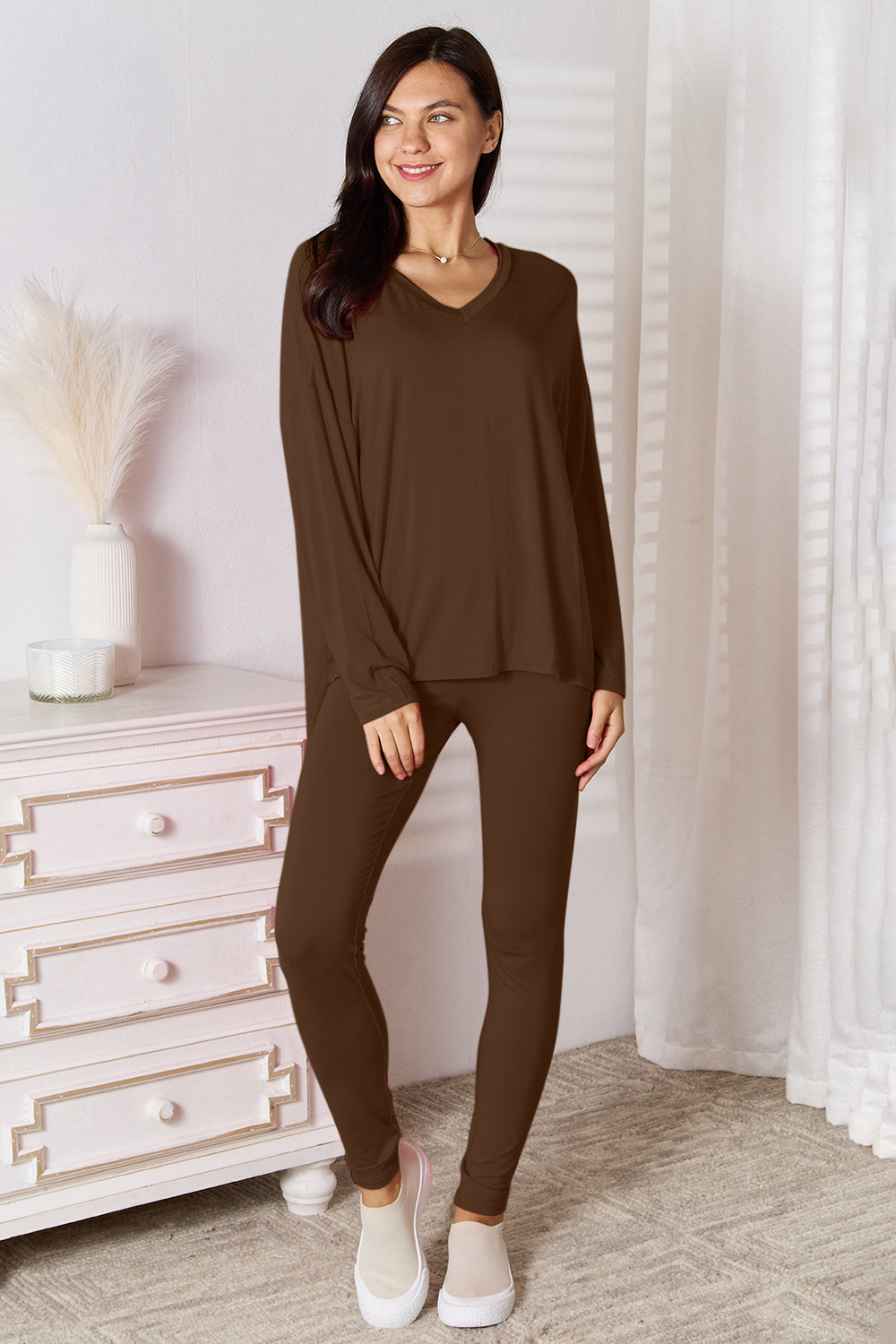 ShopBasicbae soft rayon lounge set with full-size V-neck long sleeve top and matching pants, comfortable sleepwear or casual wear.