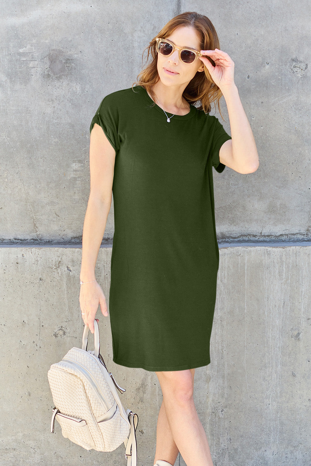 ShopBasicbae Basic Bae full-size round neck short sleeve dress with pockets, casual and comfortable with a simple design.