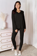 ShopBasicbae Basic Bae full size V-neck lounge set with soft rayon long sleeve top and matching pants, comfortable and stylish for relaxing.