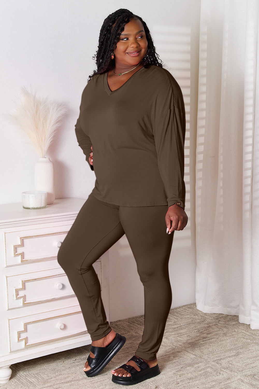 ShopBasicbae bamboo lounge set with full-size v-neck long sleeve top and matching pants, soft and comfortable for relaxing.