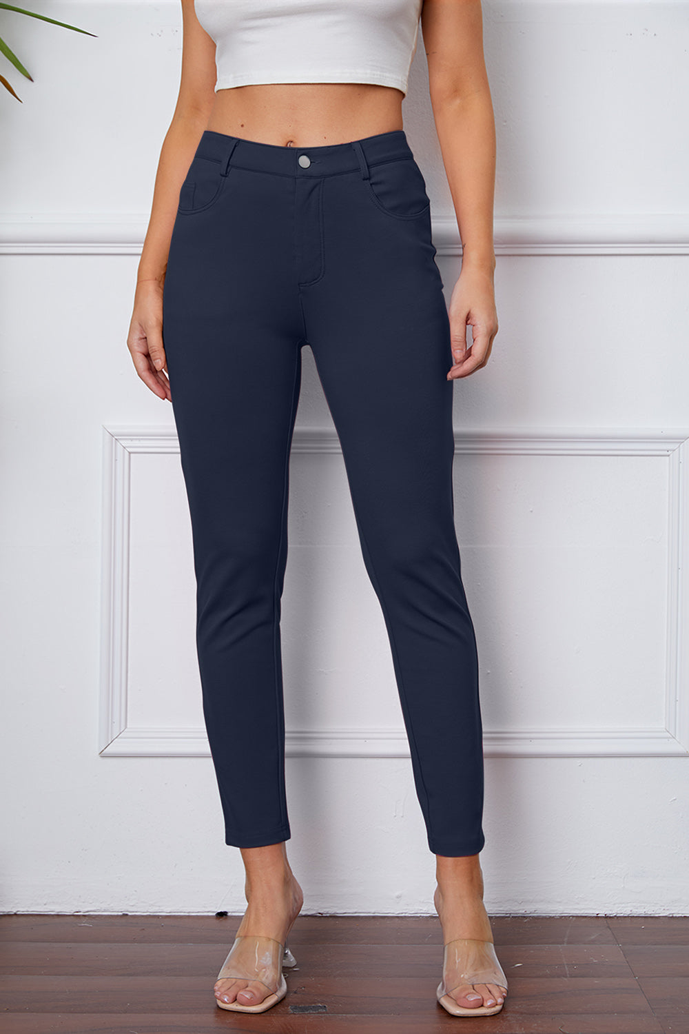 StretchyStitch Pants by Basic Bae, stylish black stretchy bottoms with a comfortable fit, displayed on a white background.