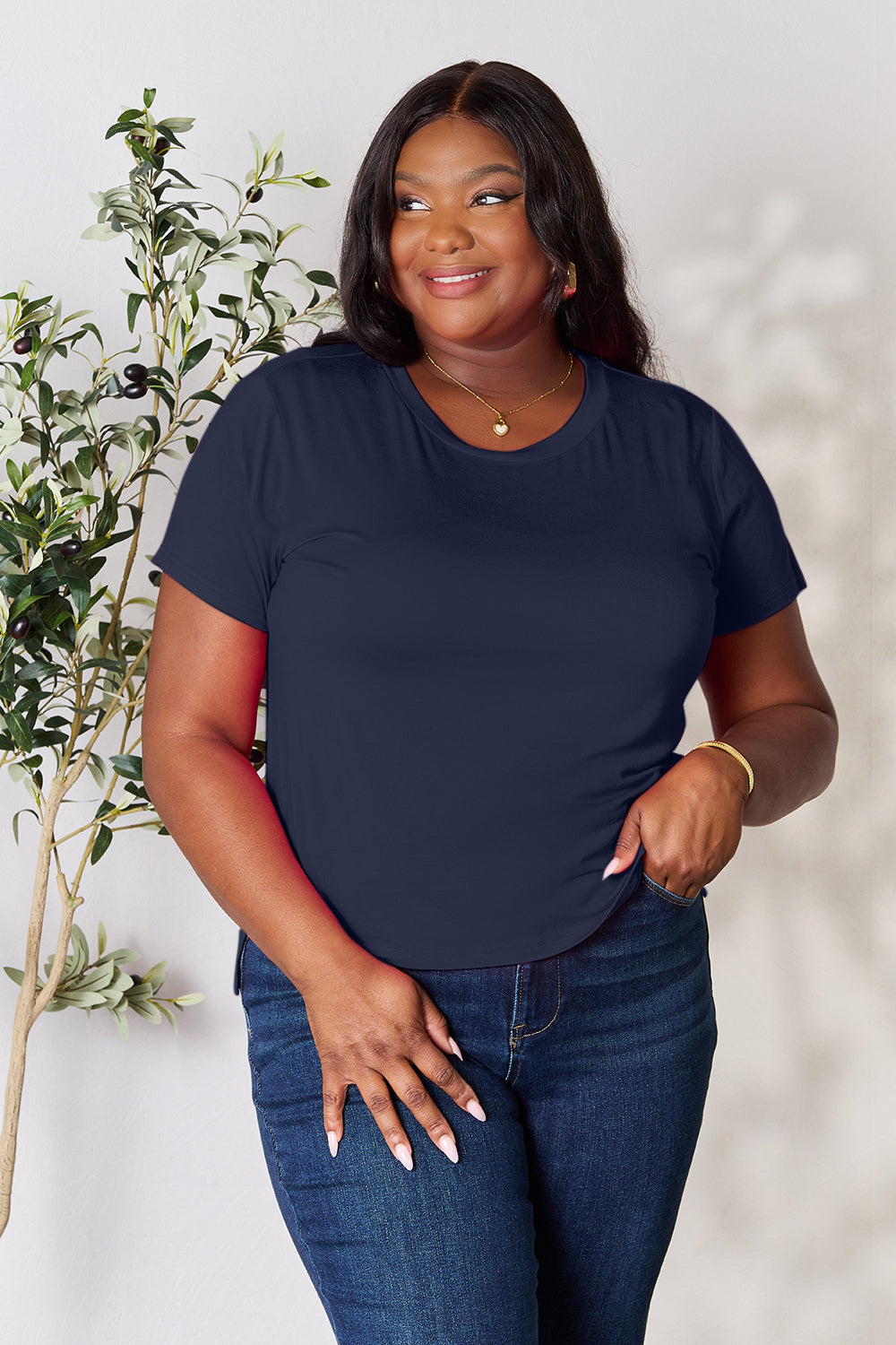 ShopBasicbae Basic Bae full-size round neck short sleeve T-shirt, casual tops in a classic design, displayed in the image.