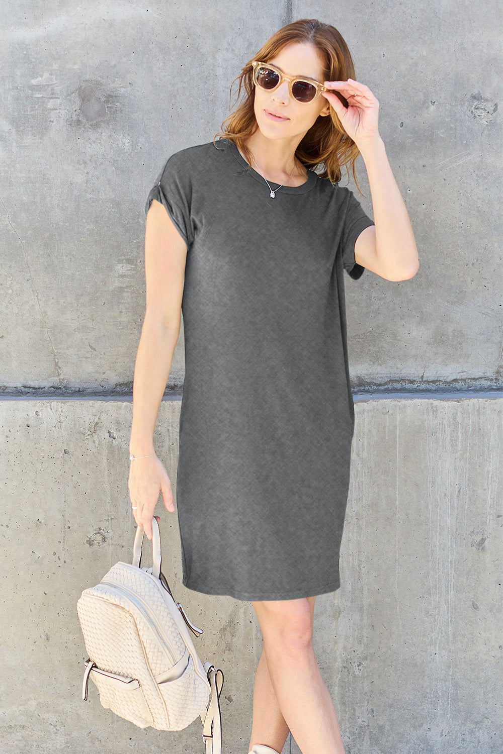 ShopBasicbae Basic Bae full-size round neck short sleeve dress with pockets, casual and comfortable for everyday wear