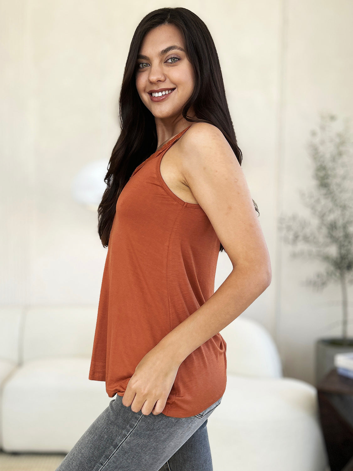 ShopBasicbae Basic Bae lace detail V-neck cutout cami top, full size, lightweight fabric with elegant lace accents and V-neck design.