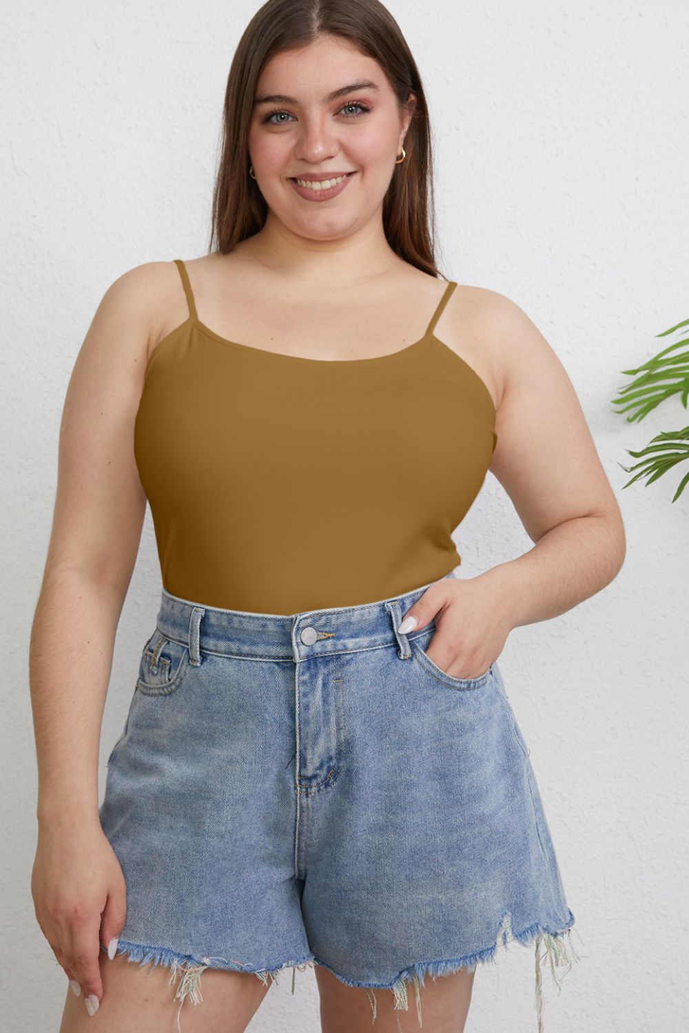 ShopBasicbae Basic Bae full-size round neck slim camisole top in neutral color, close-up view of the neckline and fabric.