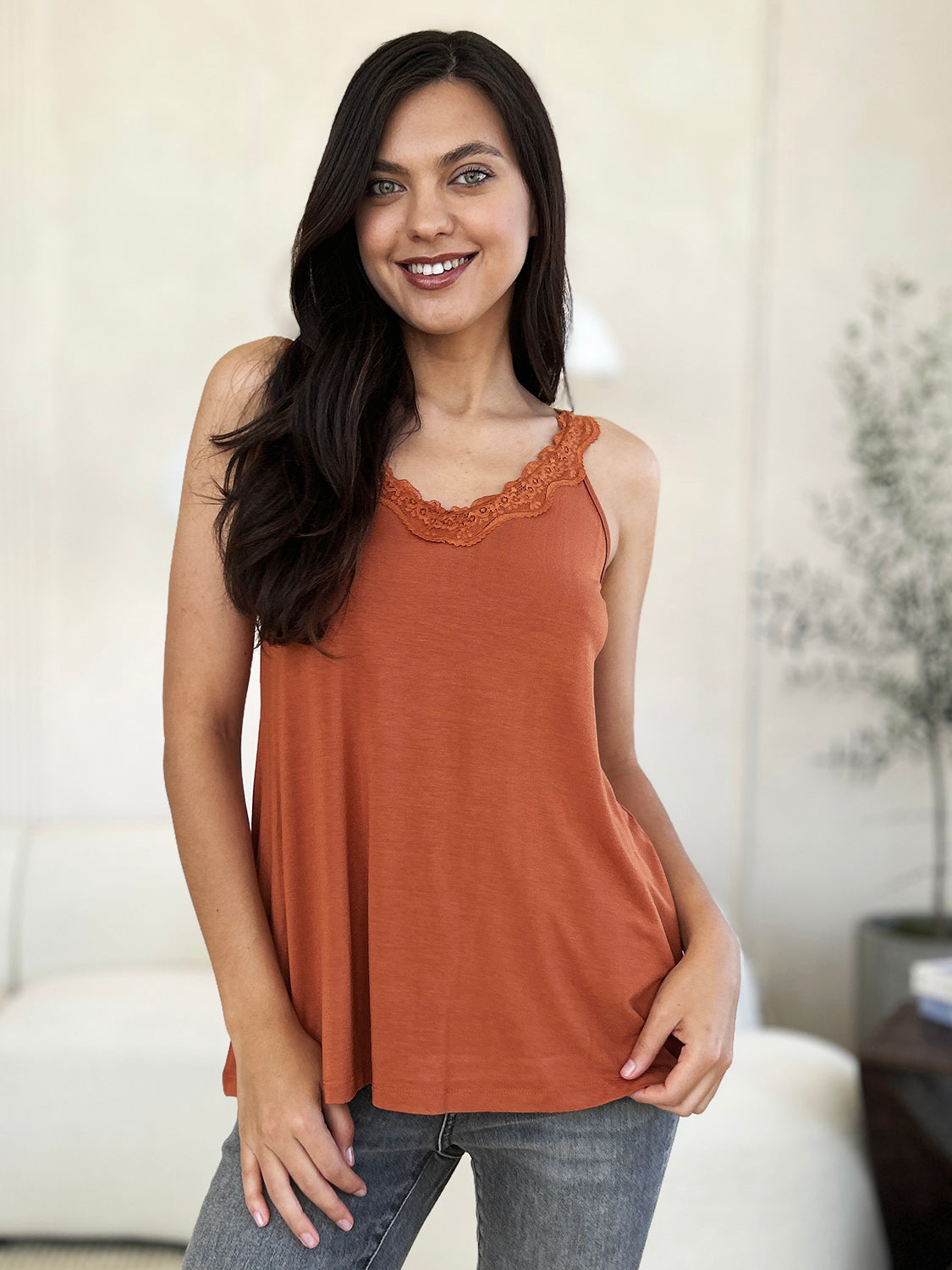 ShopBasicbae Basic Bae lace detail V-neck cutout cami top, full size, featuring lace accents and a stylish V-neck design.