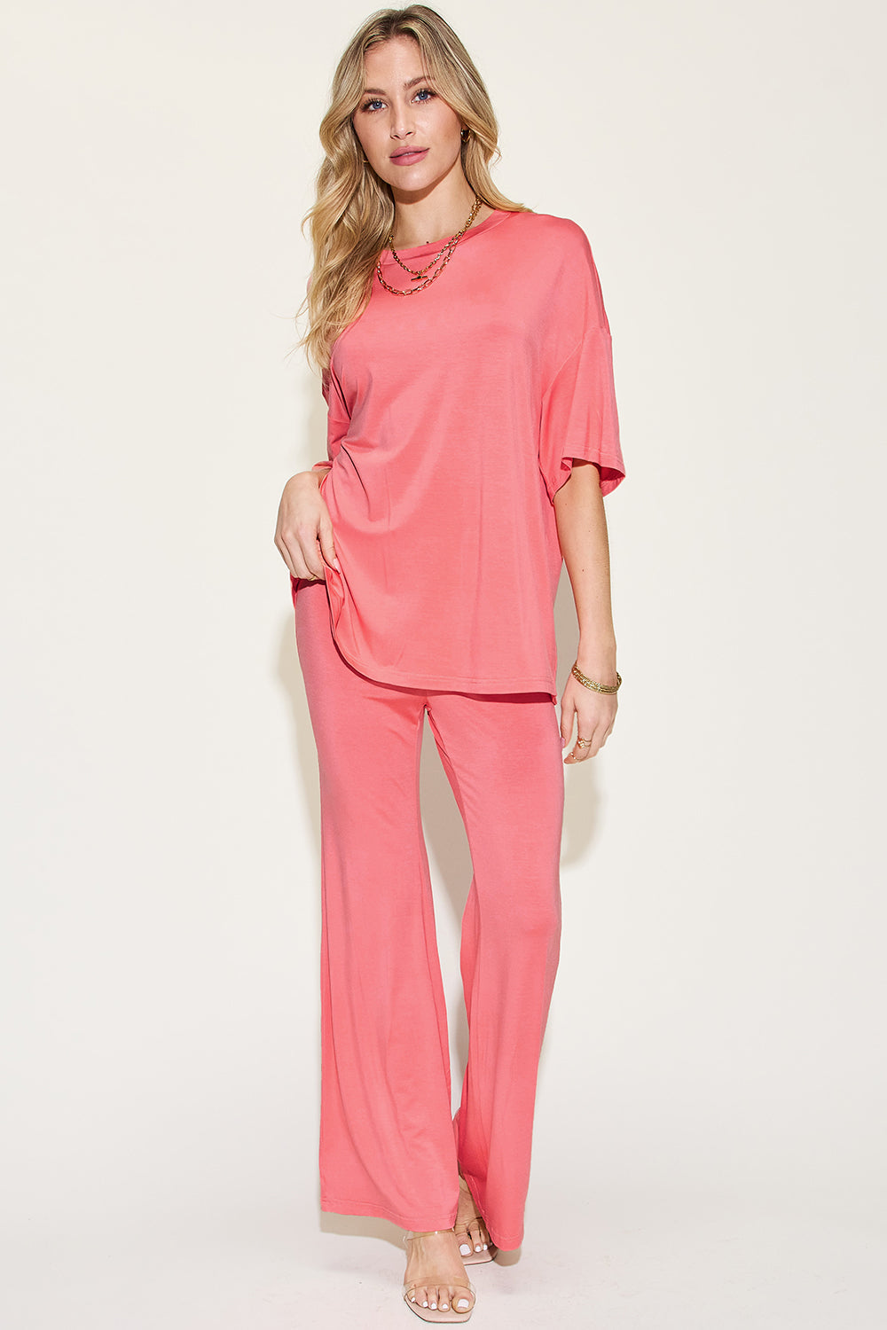 ShopBasicbae Basic Bae bamboo drop shoulder T-shirt and flare pants set, featuring a relaxed fit and comfortable fabric.