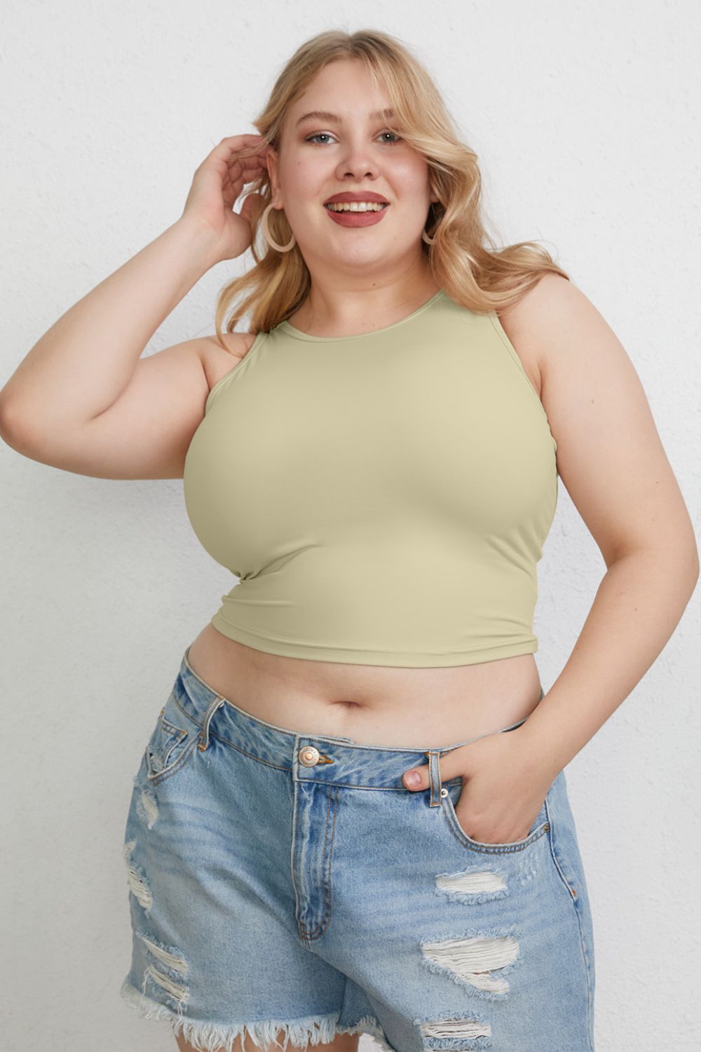 ShopBasicbae Basic Bae full-size round neck slim tank top, lightweight sleeveless top for casual wear, front view in natural lighting