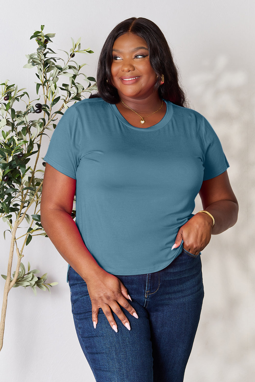 ShopBasicbae Basic Bae full-size round neck short sleeve T-shirt, casual tops in classic design, shown in white color.