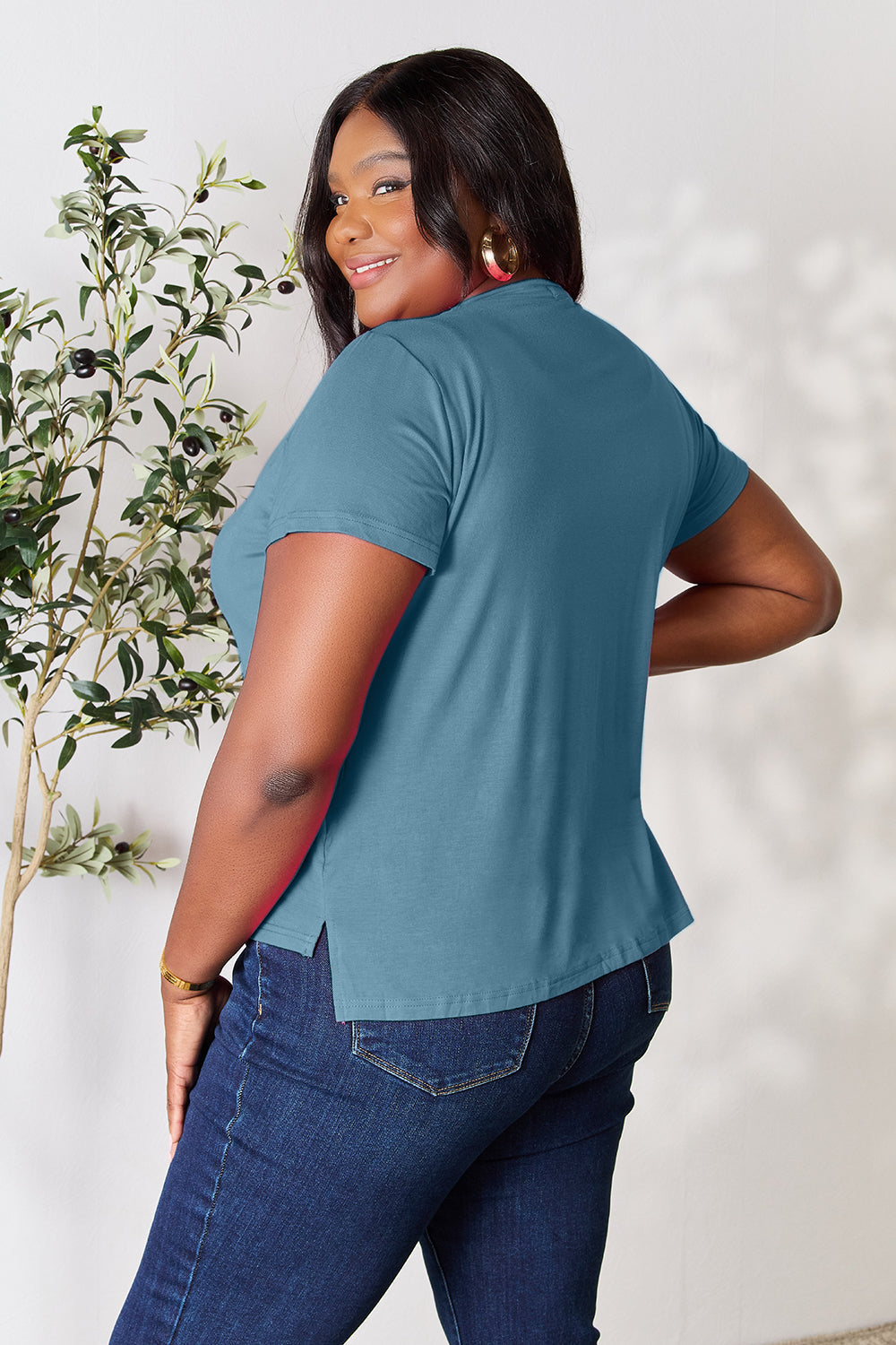 ShopBasicbae Basic Bae full size round neck short sleeve T-shirt, light-colored tops with a classic fit and smooth fabric.