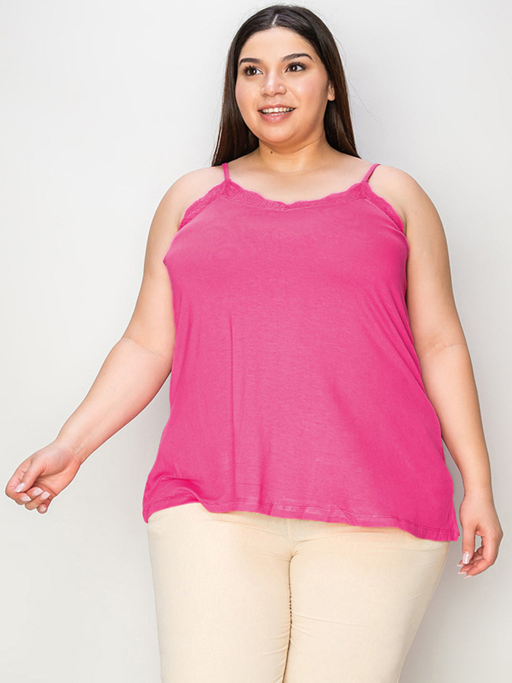 ShopBasicbae Basic Bae lace trim V-neck cami top with adjustable straps and delicate lace detailing, shown in a full-size front view.