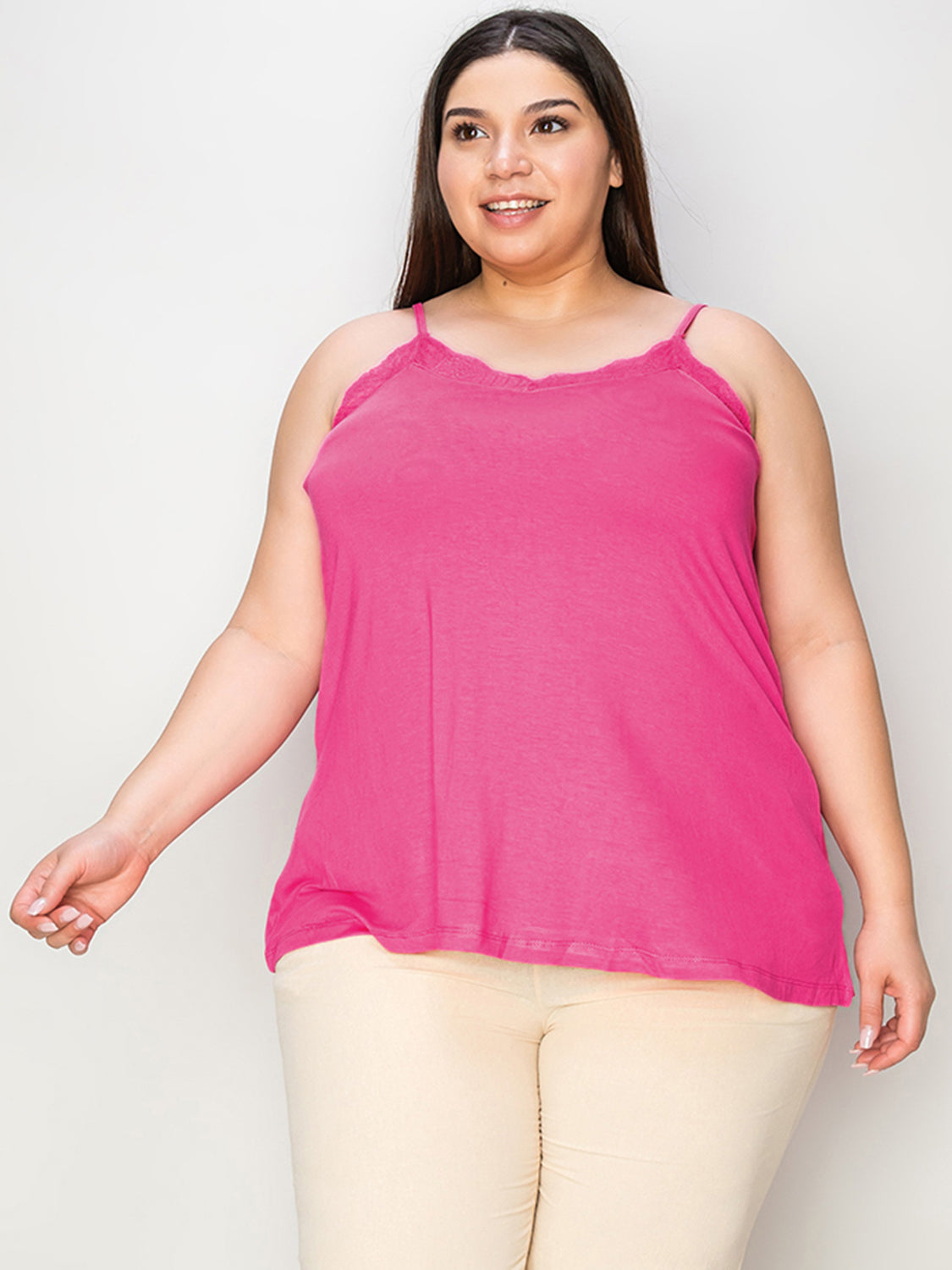 ShopBasicbae Basic Bae lace trim V-neck cami top with adjustable straps and delicate lace detailing, shown in a full-size front view.