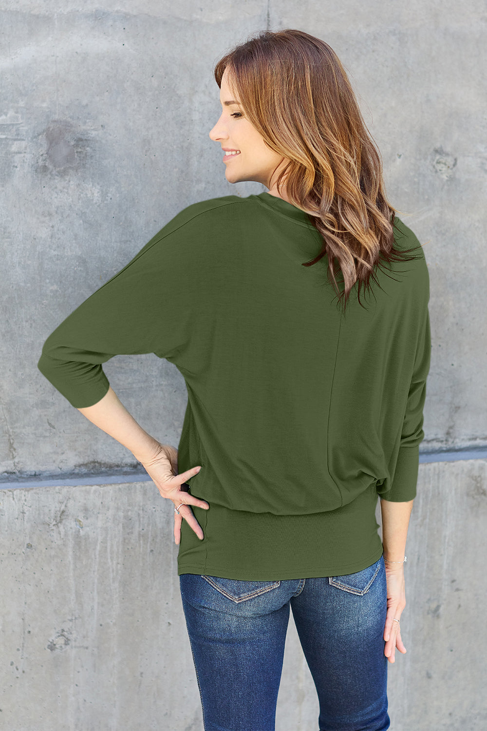 ShopBasicbae Basic Bae round neck batwing sleeve top, showing a casual long-sleeve design with a relaxed fit and soft fabric.