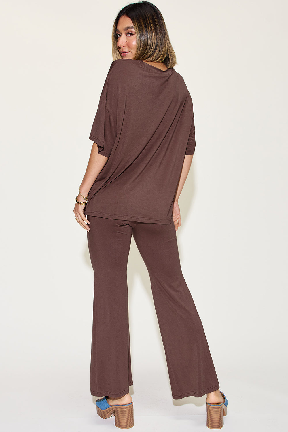 ShopBasicbae basic bamboo drop shoulder T-shirt and flare pants set, full size, casual loungewear in soft, comfortable fabric.