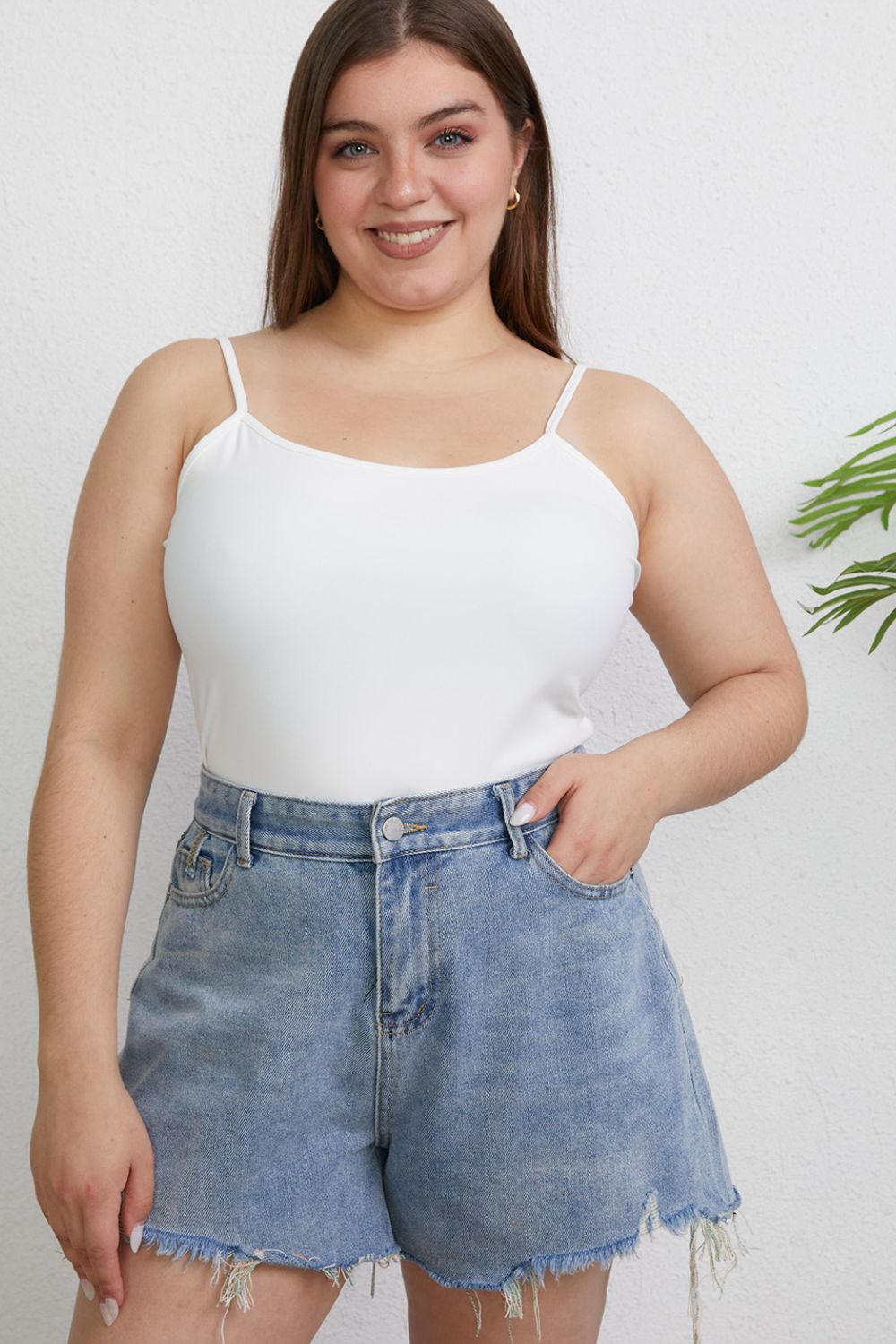 ShopBasicbae Basic Bae full-size round neck slim camisole top in versatile design, featuring a classic round neckline and fitted silhouette.