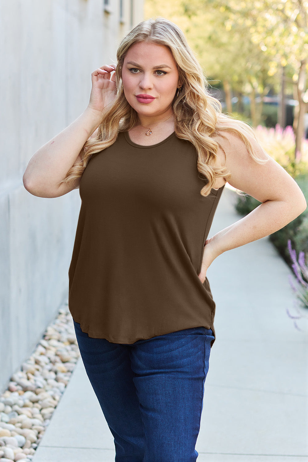 ShopBasicbae Basic Bae full size round neck tank top with curved hem, casual sleeveless top for everyday wear