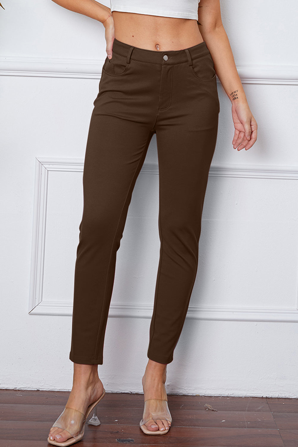 StretchyStitch Pants by Basic Bae, stylish and comfortable black stretchy bottoms with a slim fit, shown on a model.