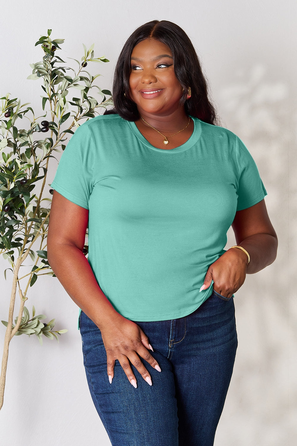 ShopBasicbae Basic Bae short sleeve round neck T-shirt, full size, casual top with a classic fit and simple design.
