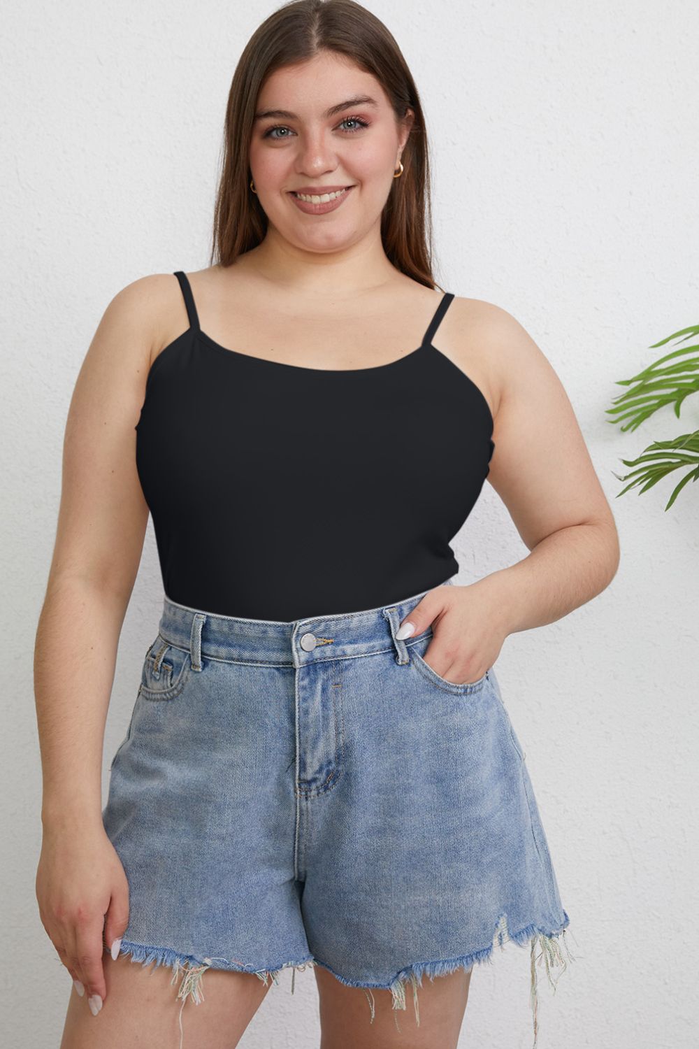 ShopBasicbae Basic Bae full-size round neck slim cami top in white, showing a close-up of the fitted, sleeveless design.