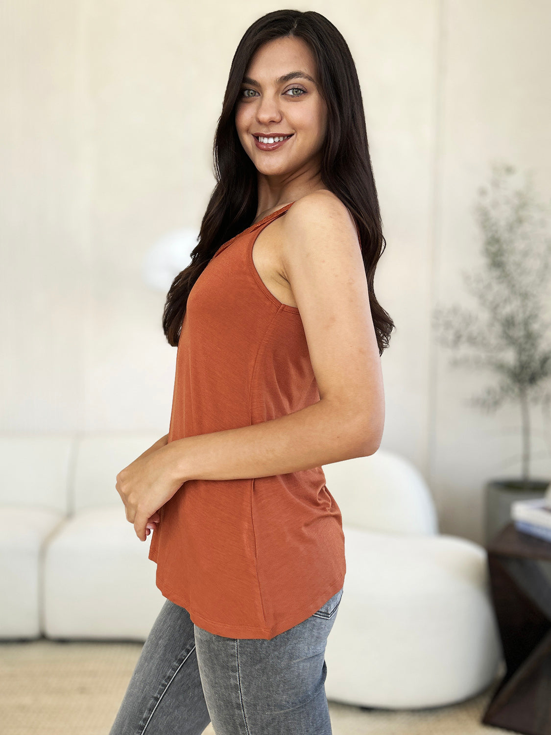ShopBasicbae Basic Bae lace detail V-neck cami top with cutout design, full size, stylish and comfortable for everyday wear.