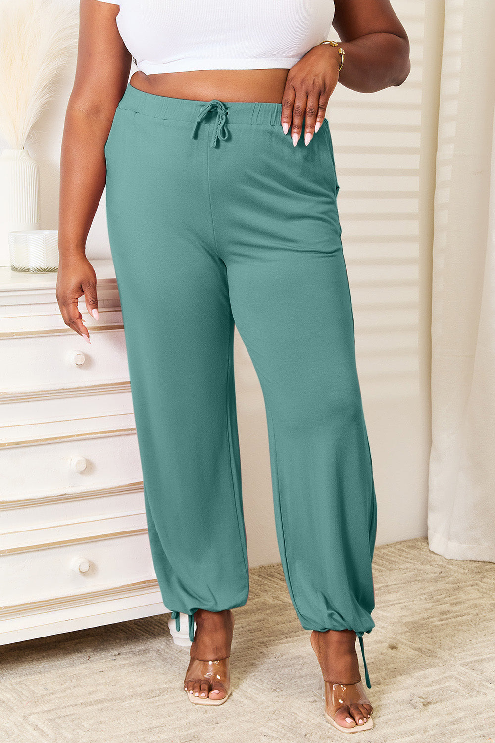 ShopBasicbae Basic Bae soft rayon drawstring waist pants with pockets, full size, comfortable casual bottoms.