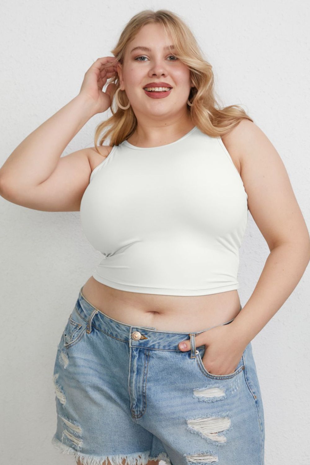 ShopBasicbae Basic Bae full-size round neck slim tank top, lightweight and fitted in a neutral color, perfect for casual wear.
