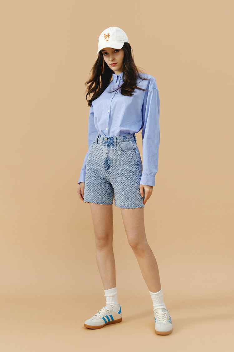Hey Joanie Venice Tweed High Rise Shorts in beige, featuring a tailored fit and classic tweed fabric for a stylish summer look.