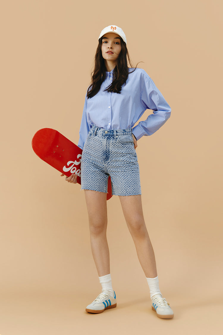 Hey Joanie Venice Tweed High Rise Shorts in classic weave, front view showing tailored fit and high waist design.